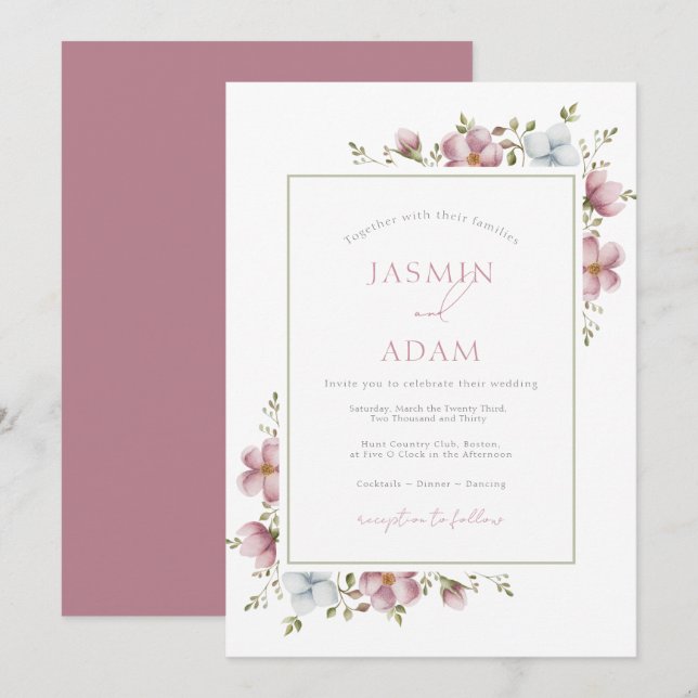 Invitation Mariage Floral Rose Poussiéreuse Élégant (Devant / Derrière)