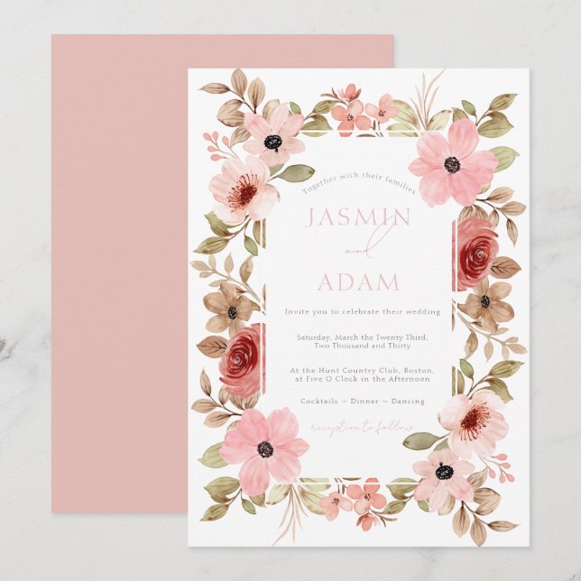 Invitation Mariage Floral Rose Poussiéreuse Moderne (Devant / Derrière)
