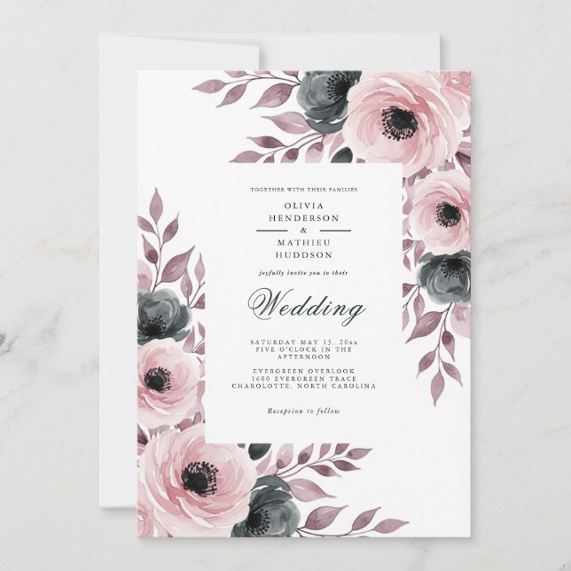 Invitation Mariage Floral Rose Poussiéreuse Moody (Devant)