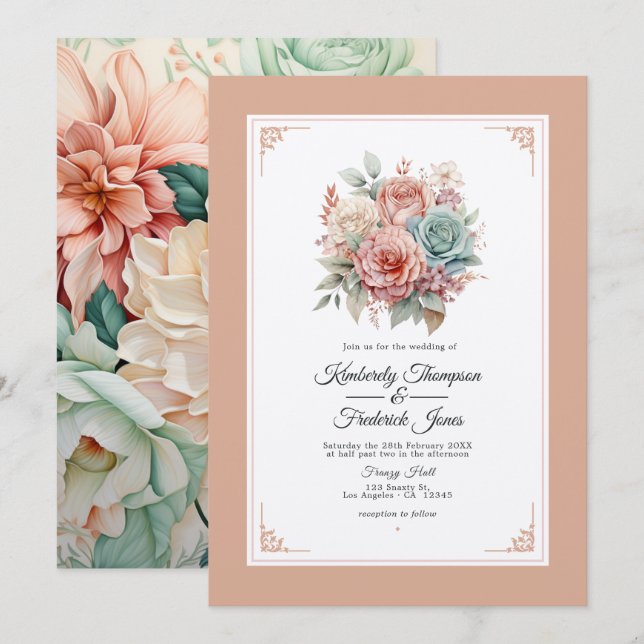 Invitation Mariage floral Rose Poussiéreuse, Vert Menthe et B (Devant / Derrière)