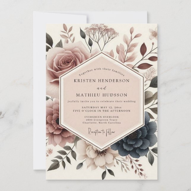 Invitation Mariage Floral Rose Poussiéreux (Devant)