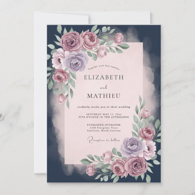 Invitation Mariage Floral Rose Poussiéreux (Devant)