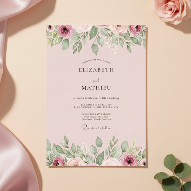 Invitation Mariage Floral Rose Poussiéreux (Créateur téléchargé)