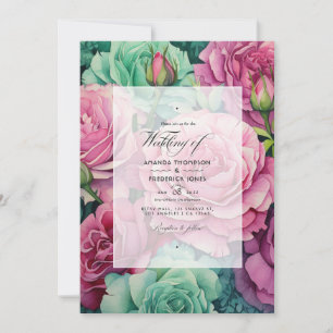 Invitation Mariage floral rose poussiéreux et vert émeraude