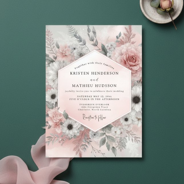 Invitation Mariage Floral Rose Poussiéreux Éthéré (Créateur téléchargé)