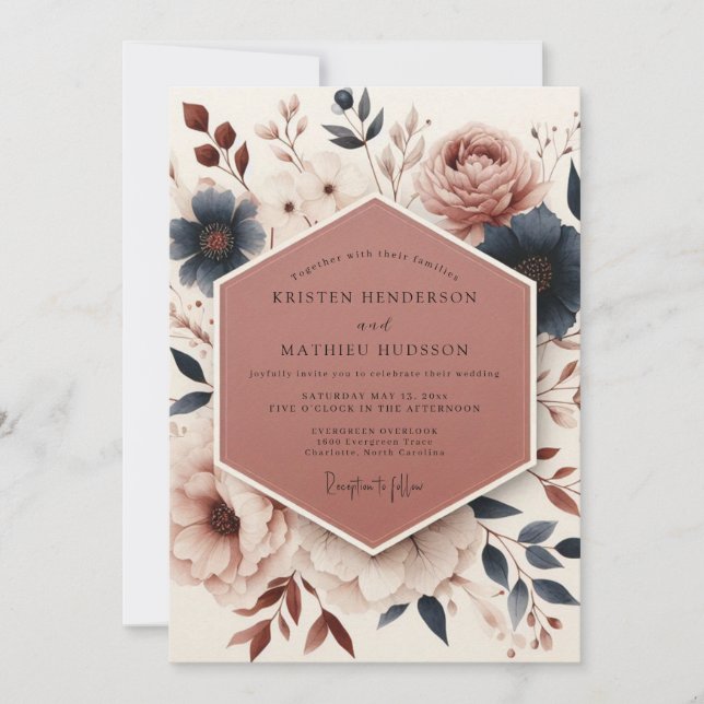 Invitation Mariage Floral Rose Poussiéreux Éthéré (Devant)