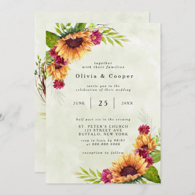 Invitation Mariage floral rose printanier des tournesols (Devant / Derrière)