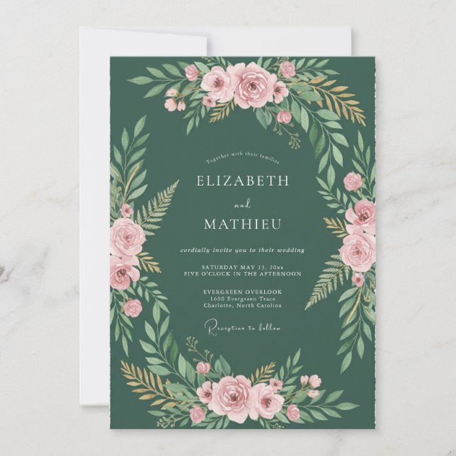 Invitation Mariage floral rose profond sauge (Devant)