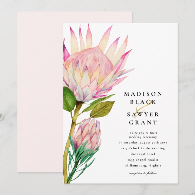 Invitation Mariage floral rose roi Protea (Devant / Derrière)