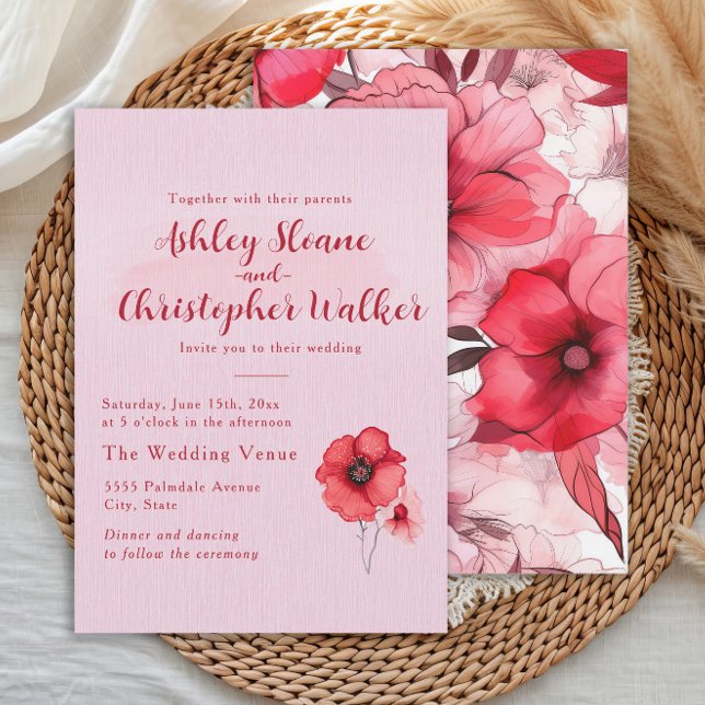 Invitation Mariage Floral Rose Romantique (Romantic pink and red watercolor floral wedding invitation)