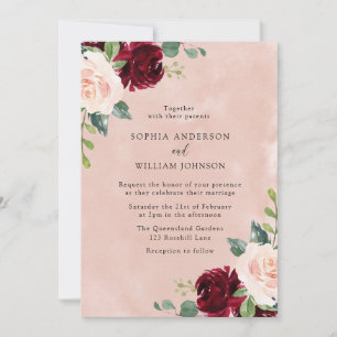 Invitation Mariage floral rose rose-bordeaux rouge Aquarelle