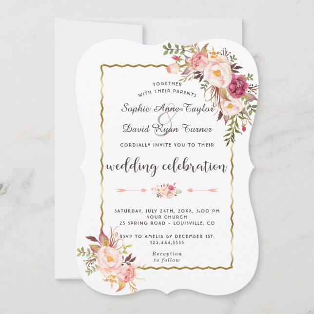 Invitation Mariage floral rose rose brillant or (Devant)