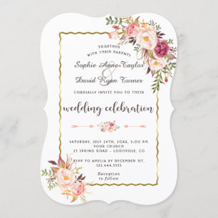 Invitation Mariage floral rose rose brillant or