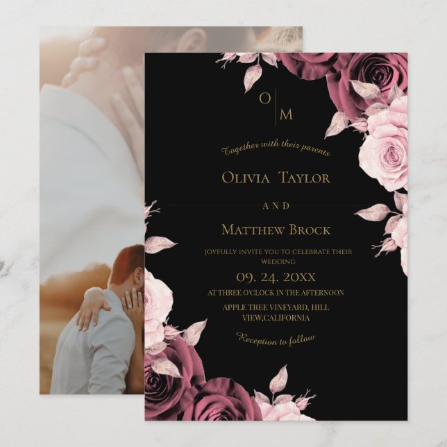 Invitation Mariage Floral Rose Rose Pâle  (Devant / Derrière)
