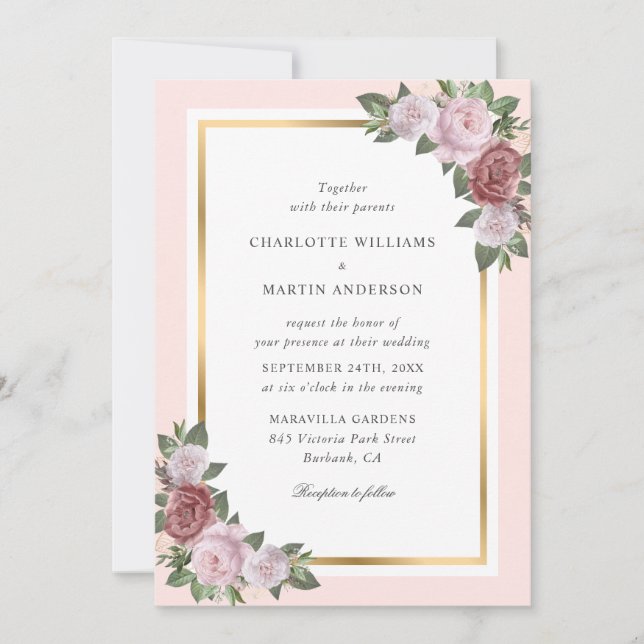 Invitation Mariage floral rose rose pâle (Devant)
