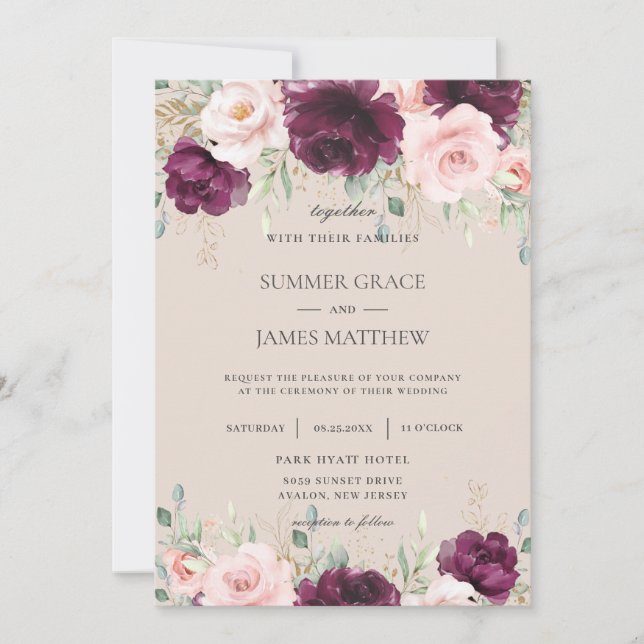 Invitation Mariage floral rose rose pâle chic (Devant)