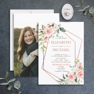 Invitation Mariage floral rose rose pâle géométrique