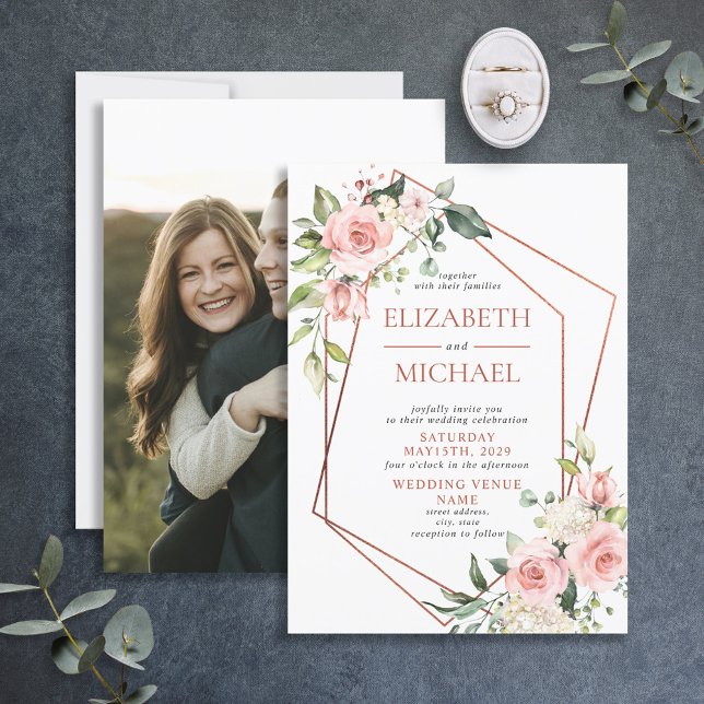 Invitation Mariage floral rose rose pâle géométrique (Créateur téléchargé)