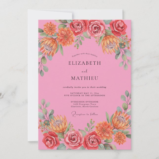 Invitation Mariage Floral Rose Rose Vibrant (Devant)
