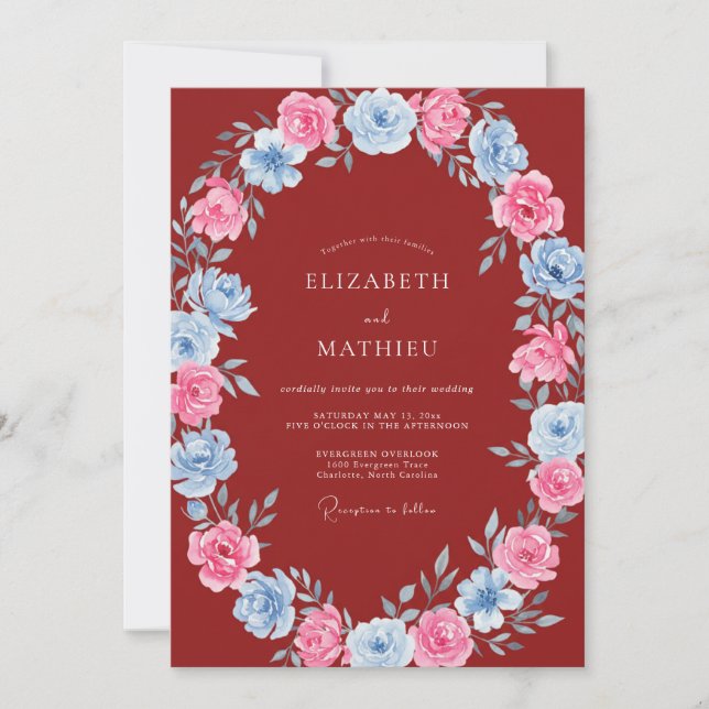 Invitation Mariage Floral Rose Rouge Bleu (Devant)