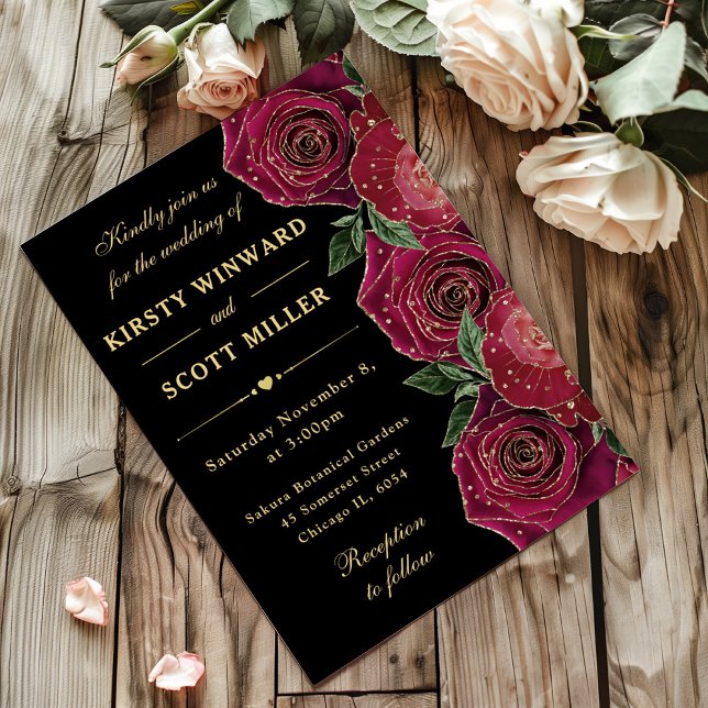 Invitation Mariage Floral Rose rouge et or (Créateur téléchargé)