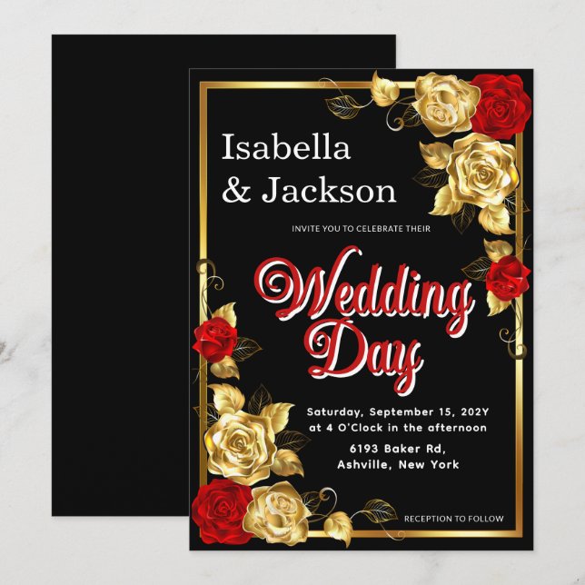 Invitation Mariage Floral Rose Rouge Et Or (Devant / Derrière)