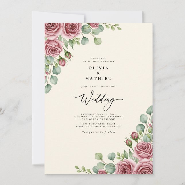 Invitation Mariage Floral Rose Rougeoyant (Devant)
