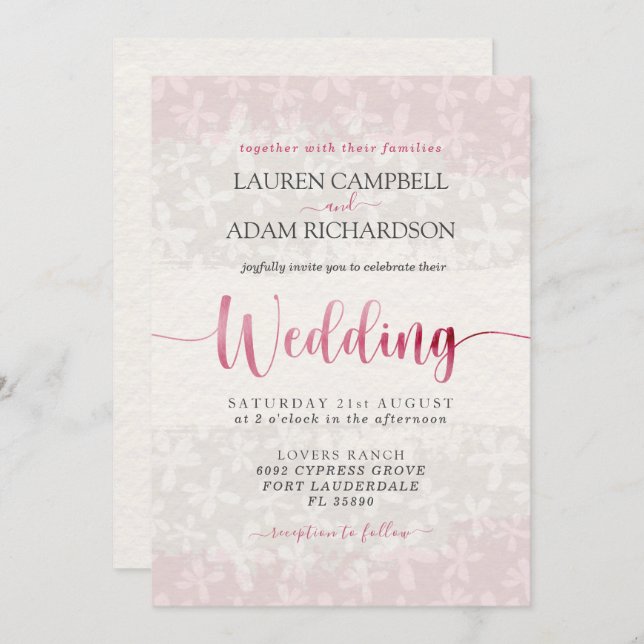 Invitation Mariage floral rose rousse (Devant / Derrière)