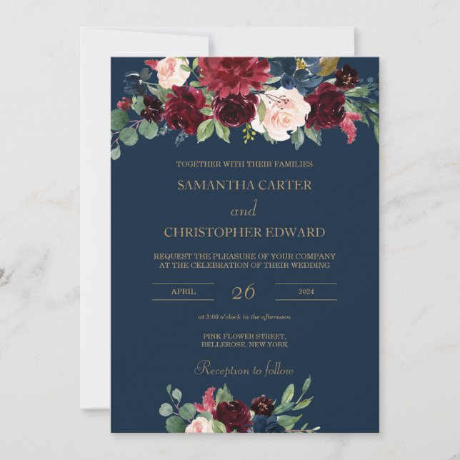 Invitation Mariage floral rose roux bleu marine (Devant)