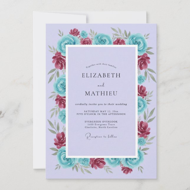 Invitation Mariage Floral Rose Sarcelle Lavande (Devant)