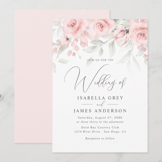 Invitation Mariage Floral Rose Tendre  (Devant / Derrière)