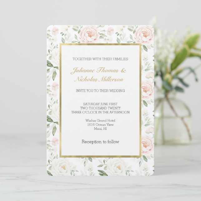Invitation Mariage floral rose tendre (Debout devant)