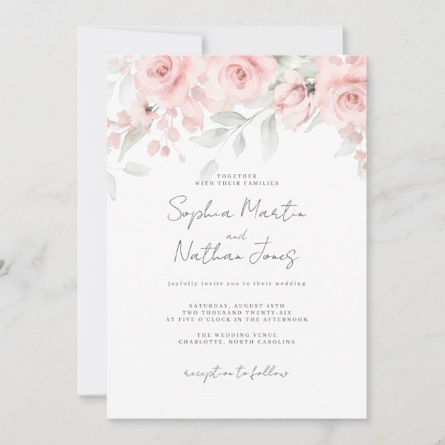 Invitation Mariage floral rose tendre  (Devant)