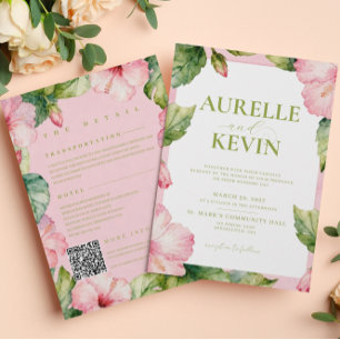 Invitation Mariage Floral Rose Vert Été Aquarelle QRcode