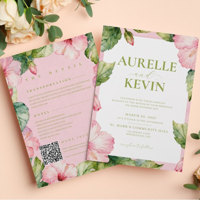 Invitation Mariage Floral Rose Vert Été Aquarelle QRcode (Créateur téléchargé)