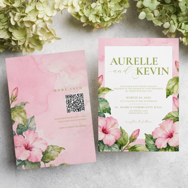 Invitation Mariage Floral Rose Vert Été QRcode Aquarelle (Créateur téléchargé)