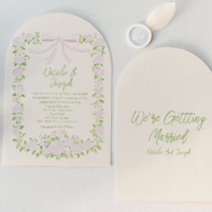 Invitation Mariage Floral Rose Vert Ruban Arc Dessiné