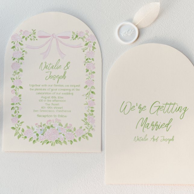 Invitation Mariage Floral Rose Vert Ruban Arc Dessiné (Créateur téléchargé)