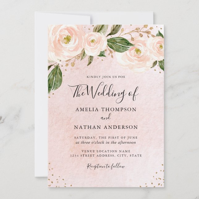 Invitation Mariage floral rose vif (Devant)