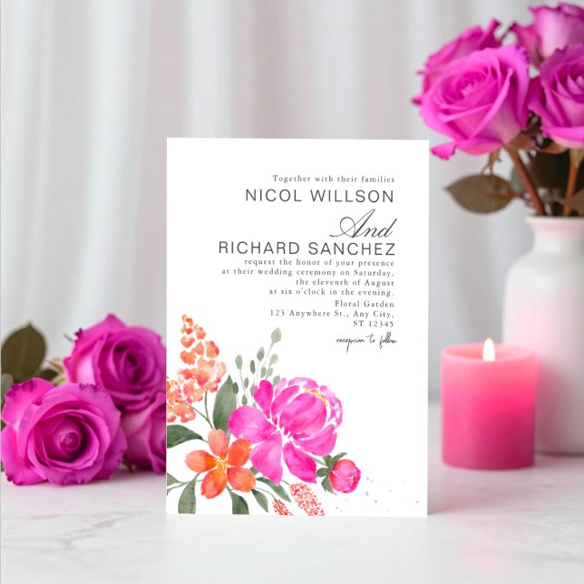 Invitation Mariage floral rose vif et orange  (Créateur téléchargé)