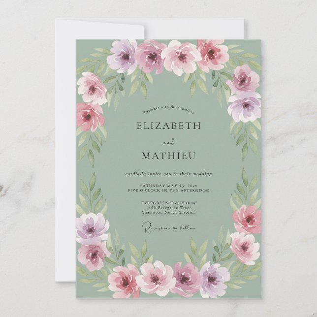 Invitation Mariage Floral Rose Violet (Devant)