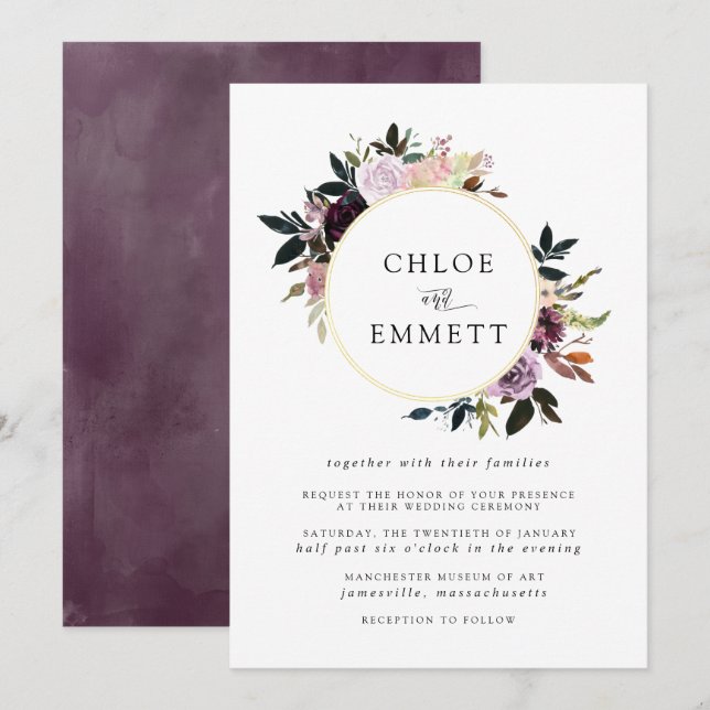 Invitation Mariage floral rose violet et mauve (Devant / Derrière)