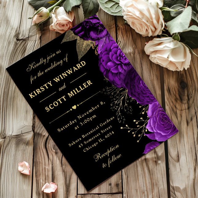 Invitation Mariage floral Rose violet et or (Créateur téléchargé)