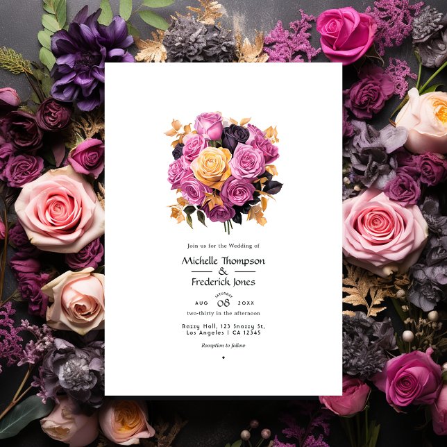 Invitation Mariage floral rose, violet, noir et or (Créateur téléchargé)