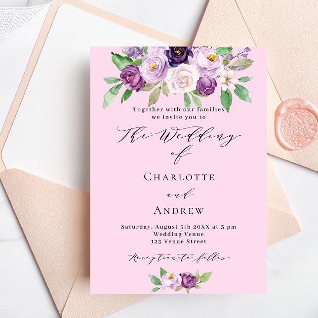 Invitation Mariage floral rose violet verdure script (Créateur téléchargé)
