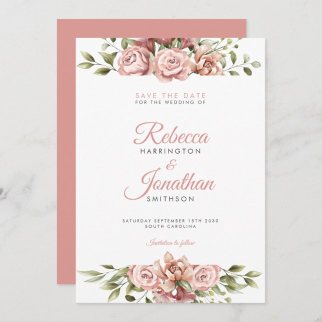 Invitation Mariage Floral Rose Vive Enregistrer La Date (Devant / Derrière)