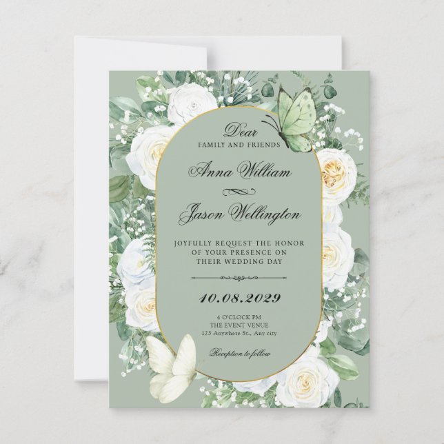 Invitation Mariage floral roses blanches vertes (Devant)