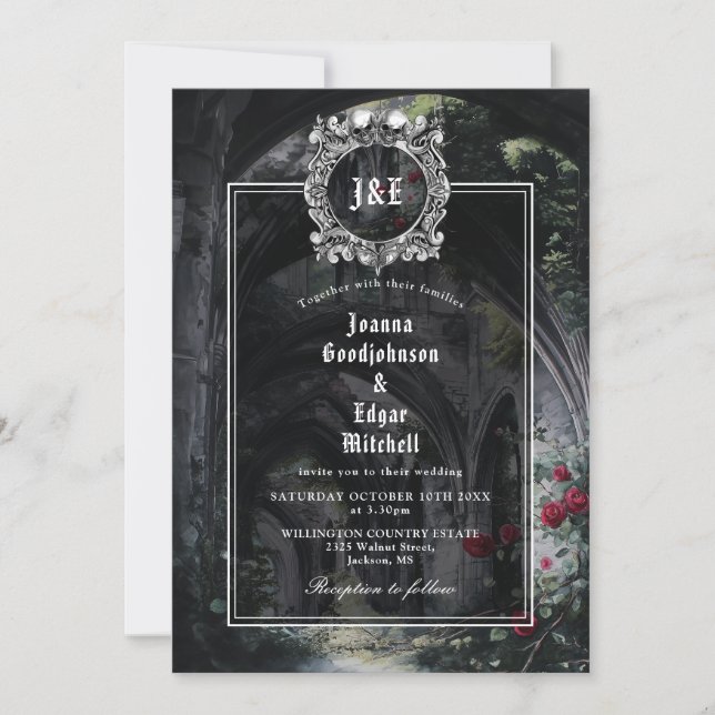 Invitation Mariage floral roses en ruines gothiques Monogramm (Devant)