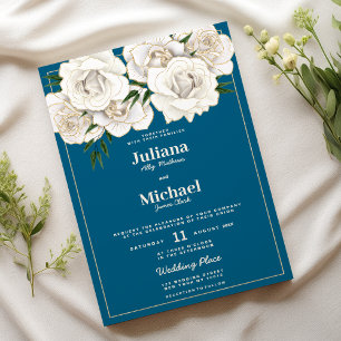 Invitation Mariage floral roses pailletées bleu marine blanc