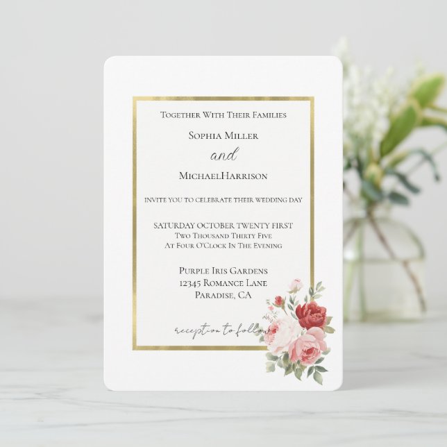 Invitation Mariage Floral Roses Roses Blanches Or Rose (Debout devant)